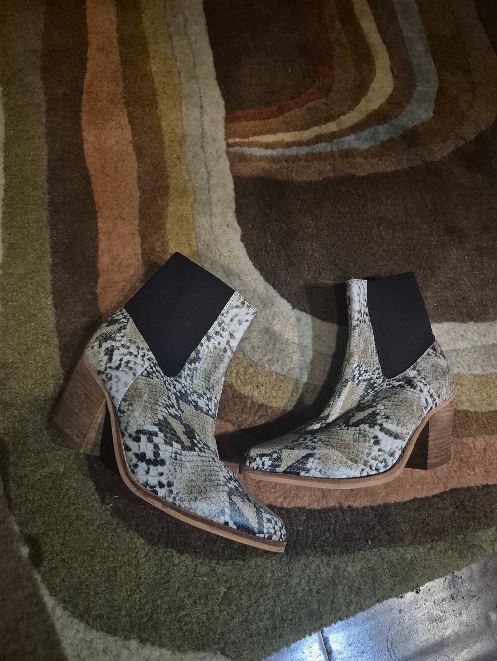 Free People x Jeffrey Campbell Snake-Print Ankle Boots Black/Beige Sz 7.5